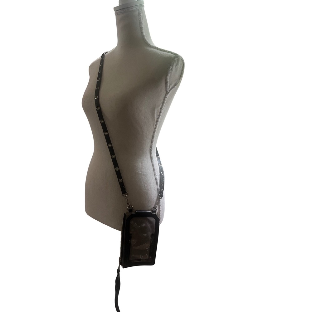Aimee Kestenberg Black Leather Grey Nylon Crossbody Phone Bag Grommet Strap - Picture 2 of 8